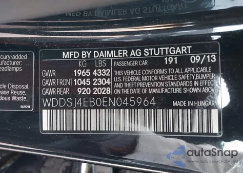 2014 Mercedes-Benz Cla 250 z USA, uszkodzony, nr VIN WDDSJ4EB0EN045964